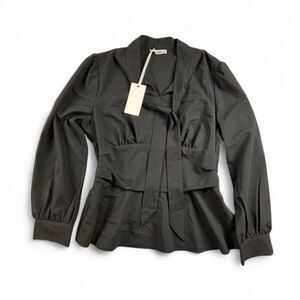 Grace Karin NWT Black Blouse Womens XL Ruffle Peplum Tie Neck Long Sleeve Top